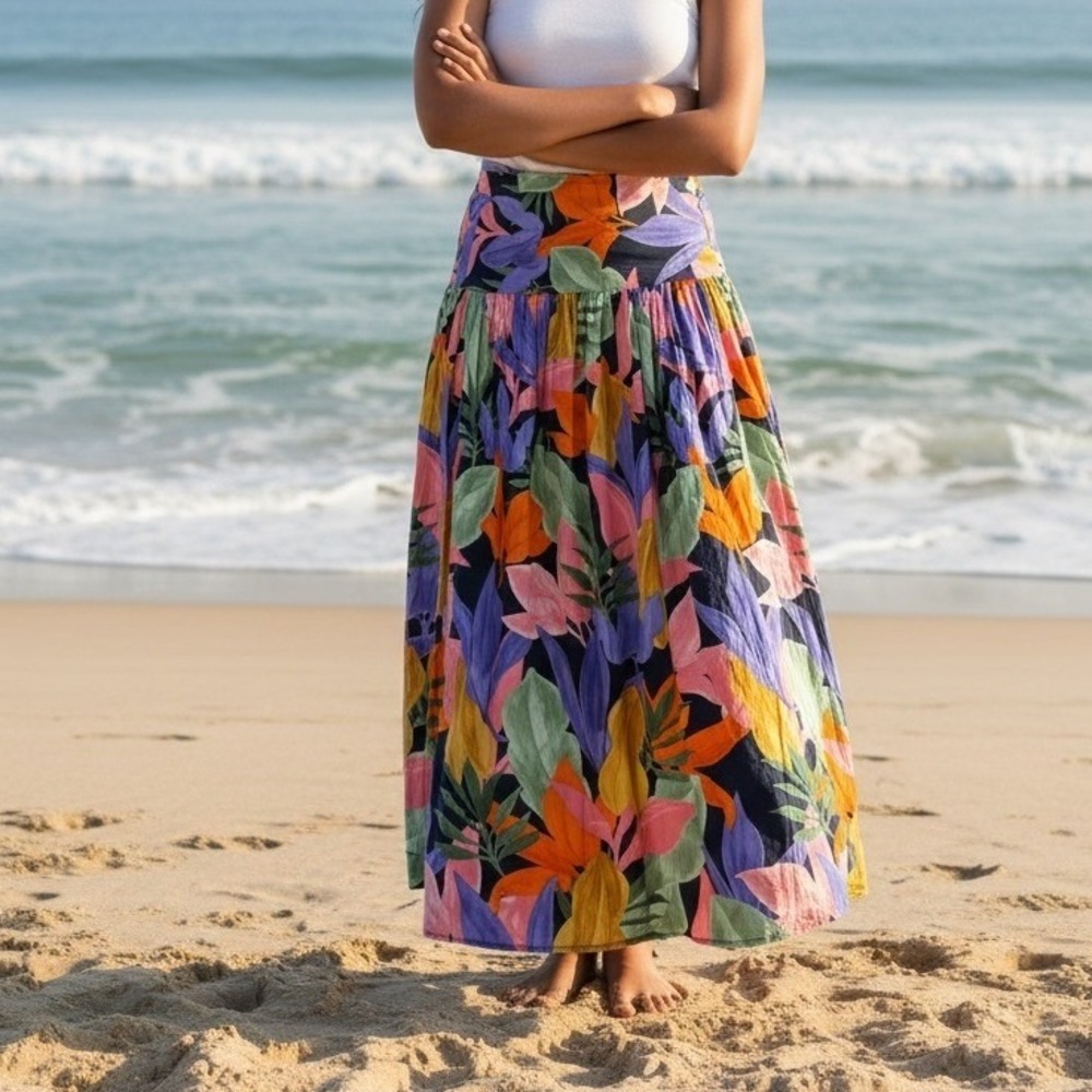 Abel The Label Maxi Skirt Women XS Tropical Leaf Tiered Boho Slit Festival Beach